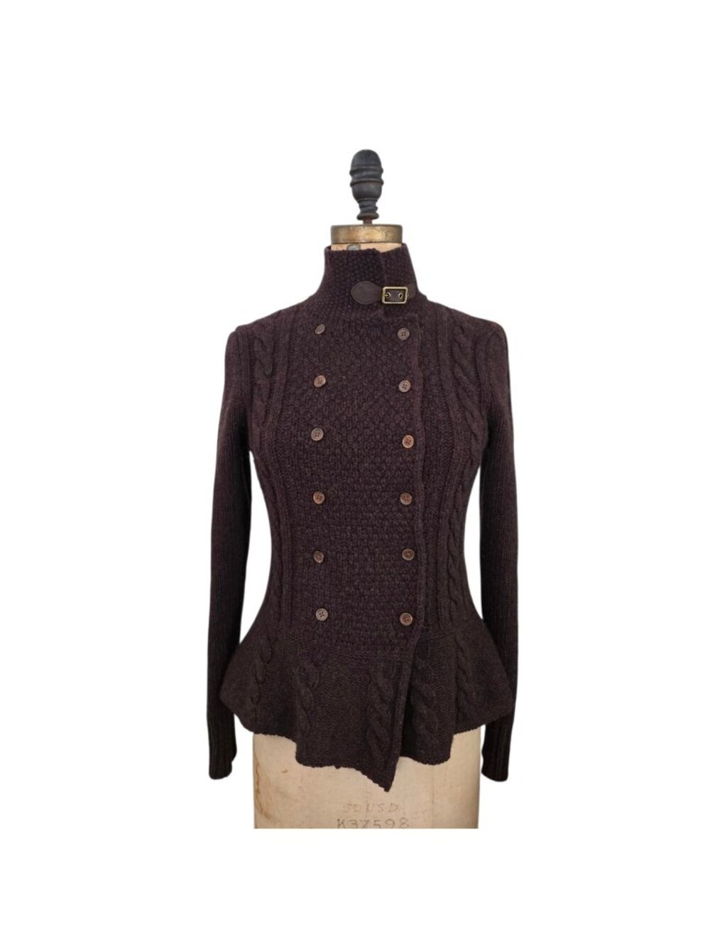 Vintage Rugby Ralph Lauren Double Breasted Merino Wool Peplum Cardigan Brown S